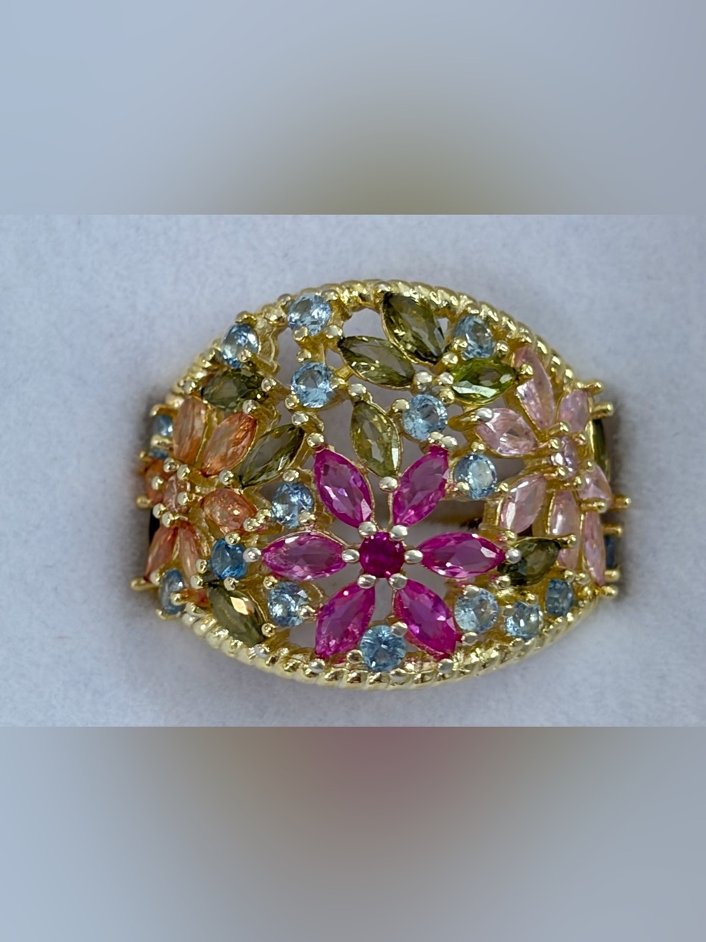 NWOT SZ 9 Multicolor Floral Gemstone Ring Gold Plated over 925 Sterling Silver